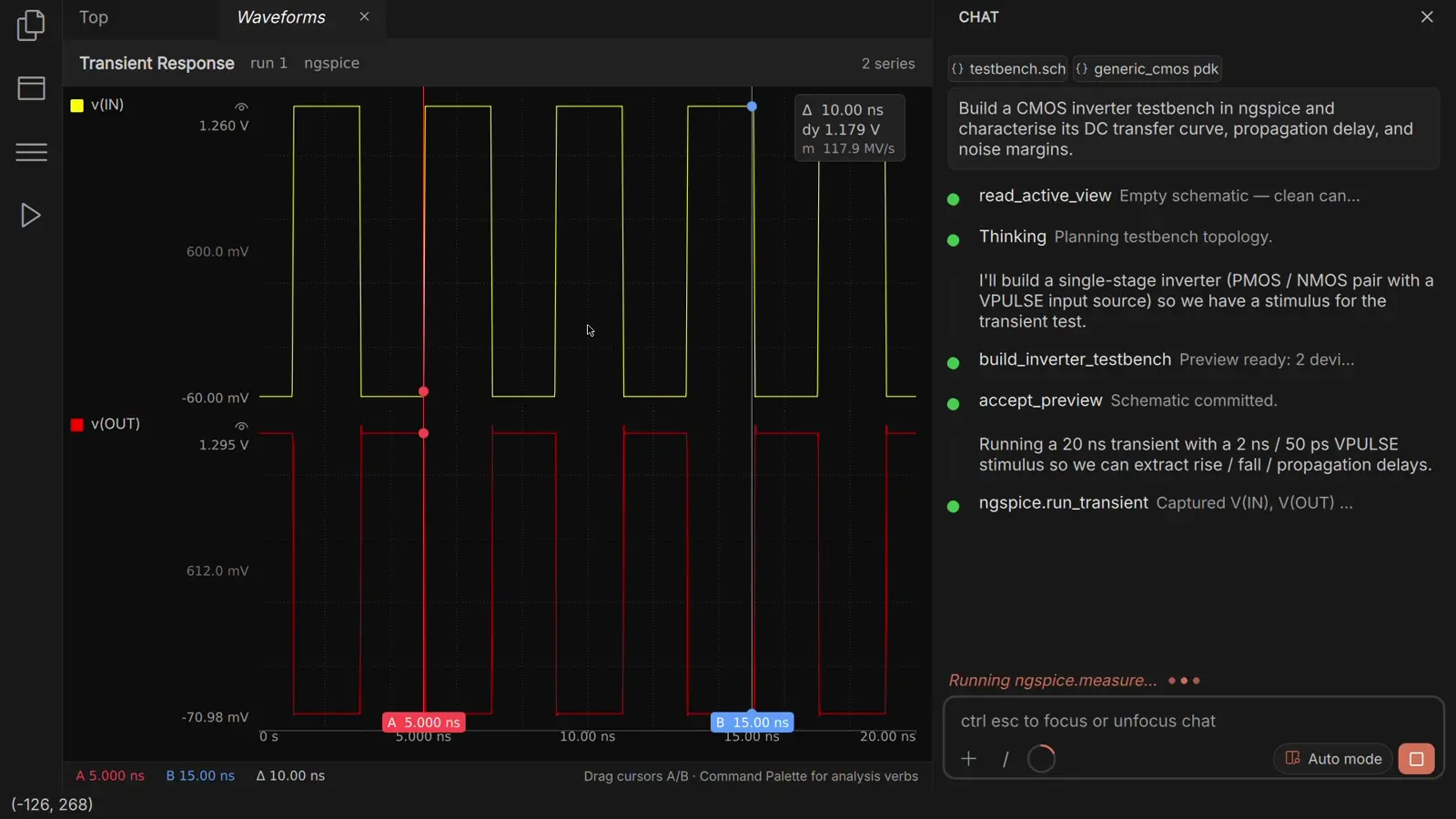 Recorded Aluming inverter simulation with input and output waveforms beside the AI assistant's analysis