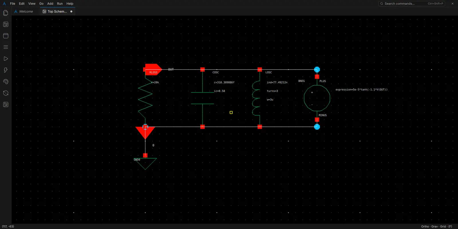 Aluming's native schematic editor showing a nonlinear LC oscillator and its component parameters